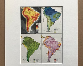 1940s South America Facts Original Vintage Map showing population, vegetation, heights and depths and rainfall - Available Framed