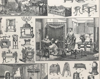 1897 Furniture Styles Original Antique Print - Bureau - Cabinet - Chair - Chaise Lounge - Mounted and Matted - Available Framed