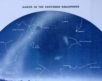 1940s March in the Southern Hemisphere Large Original Vintage Print - Astronomy - Star Map - Constellations - Astrology