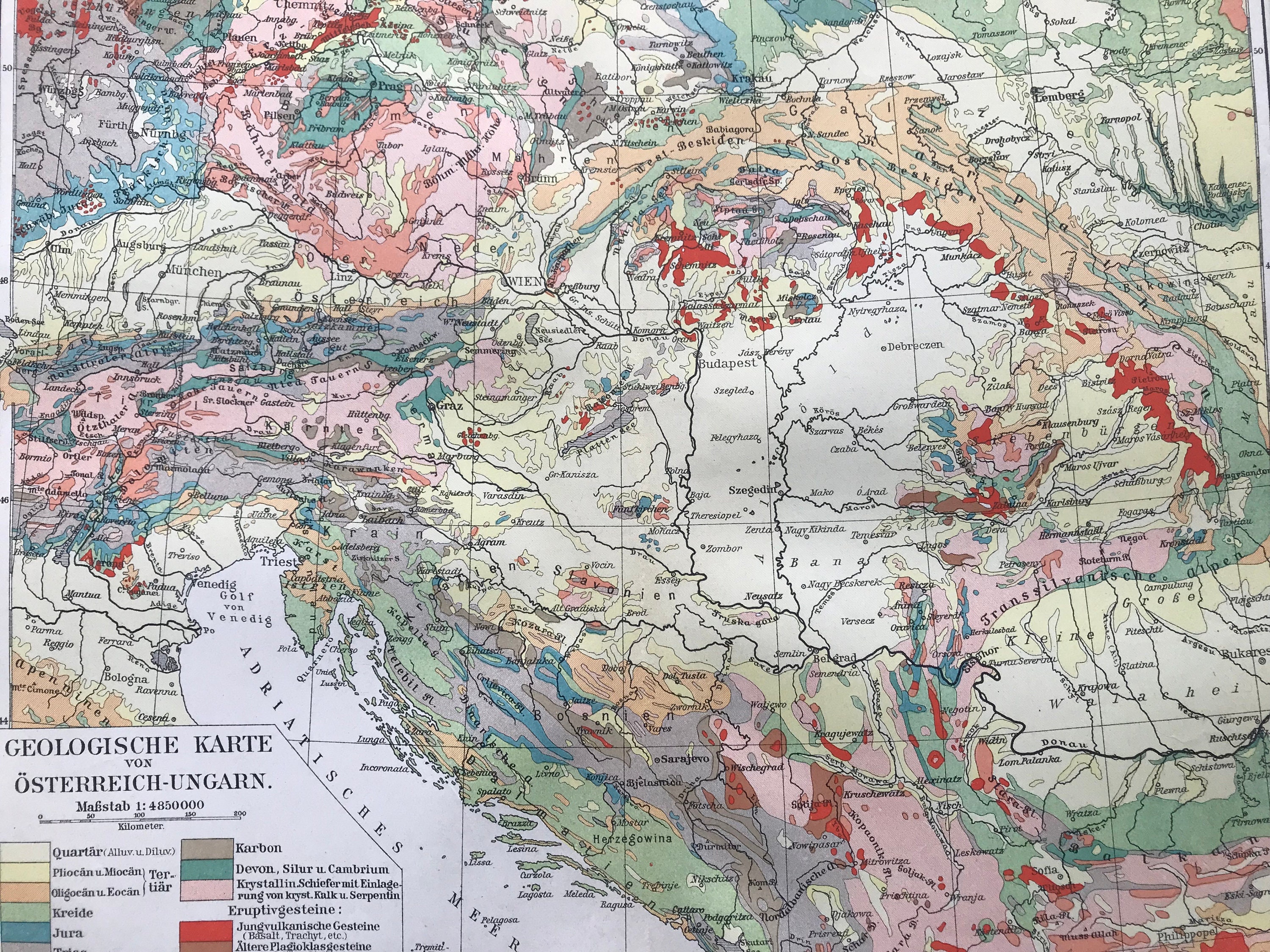 1896 Geological Map of AustriaHungary Original Antique Map Available