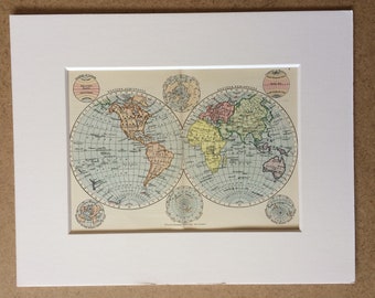 1895 World in Hemispheres Original Antique Map - Mounted and Matted - 8 x 10 inches - Framed Map - Gift Idea - Framed Vintage Art