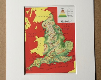 1940s England Physical Map Original Vintage Print - Mounted and Matted - Showing Mountain Ranges, Hill Systems, Rivers - Available Framed