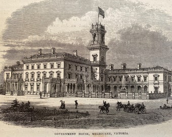 1880 Government House, Melbourne, Victoria Original Antique Print - Australia - Mounted and Matted - Available Framed