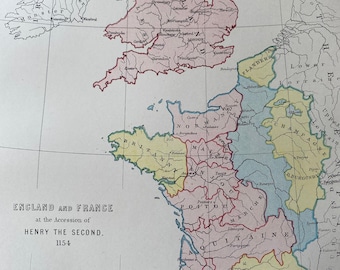 1875 England and France at the Accession of Henry the Second 1154 Original Antique Map - History Map - Available Matted and Framed