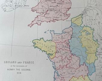 1875 England and France at the Accession of Henry the Second 1154 Original Antique Map - History Map - Available Matted and Framed