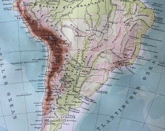 1895 South America (Physical) Original Antique Map - Available Framed - Vintage Map