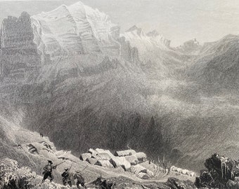 1844 Dormeilleuse, High Alps, the scene of Felix Neff's Labours Original Antique Print - Engraving - Mounted and Matted - Available Framed