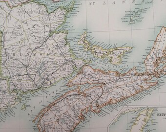 1898 New Brunswick, Nova Scotia and Eastern Quebec Large Original Antique A & C Black Map - Canada- Victorian Wall Decor - Wedding Gift Idea