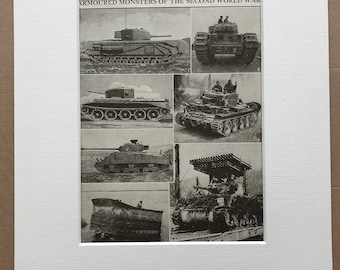 1940s Armoured Monsters of the Second World War Original Vintage Print - Mounted and Matted - Tank - Military decor - Available Framed