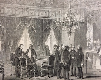 1856 Breaking up a conference at the Hotel of the Ministry for foreign affairs, Paris, original print from engraving, illustrated times