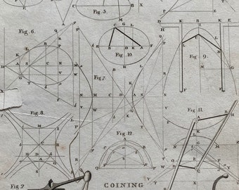 1806 Conic Sections and Coining Original Antique Engraving - Encyclopaedia - Mounted and Matted - Available Framed