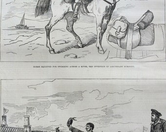 1877 A New Method of crossing a river for cavalry antique print from engraving, Illustrated London News, Victorian Art, Wall Decor,