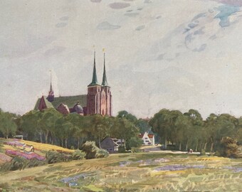1928 Denmark - Roskilde Cathedral Original Antique Print - Mounted and Matted - Available Framed