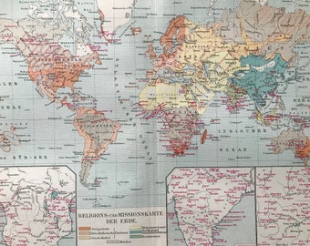 1896 Religions and Missions Original Antique World Map with inset maps of Southern Africa, India and China - Available Framed