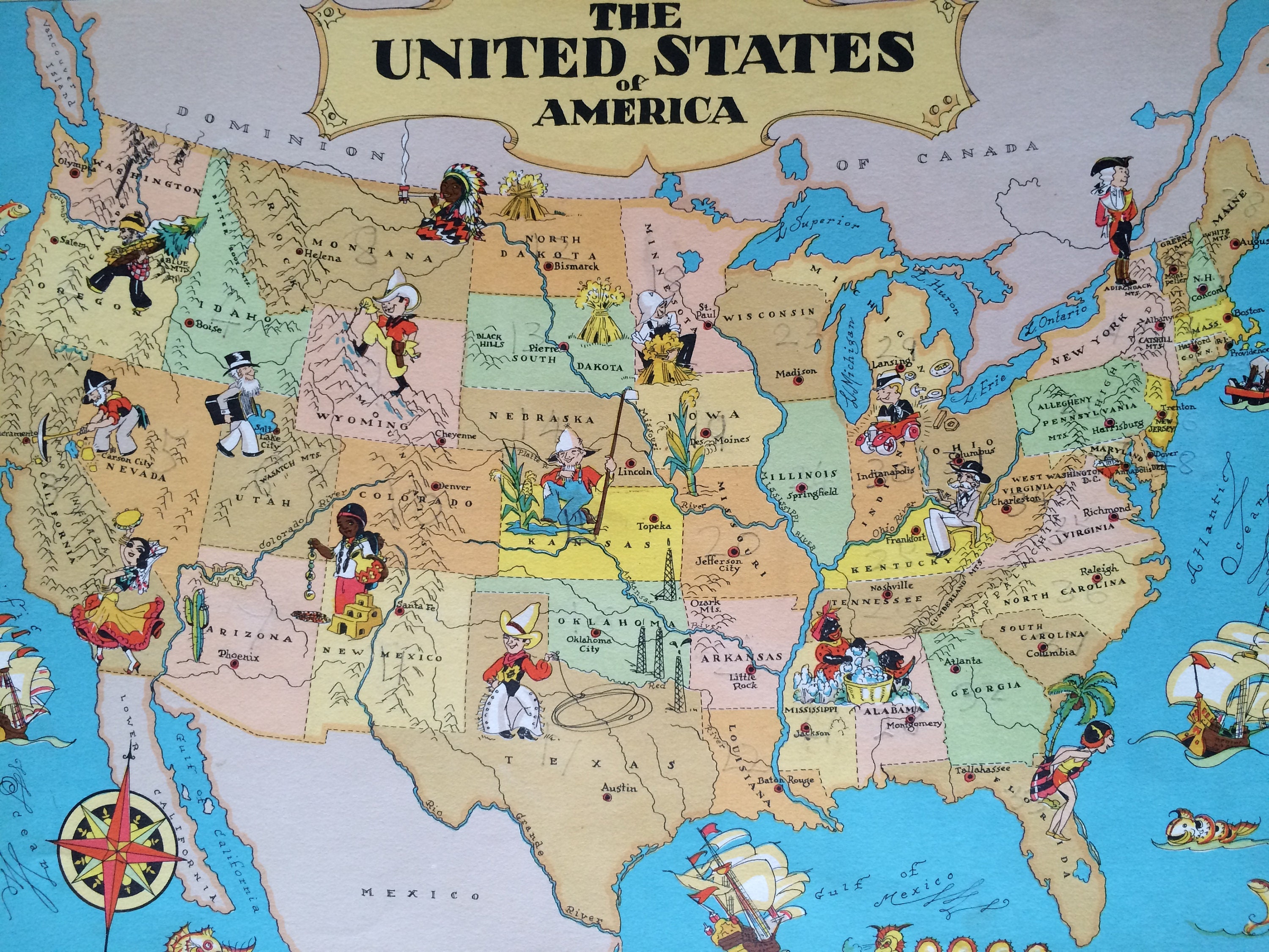 1935 United States Original Vintage Cartoon Map - Ruth Taylor - Mounted