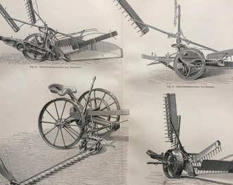 1896 Mowers Large Original Antique Lithograph - Agriculture - Farming Equipment - Available Mounted and Matted