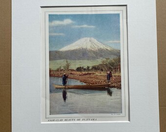 1940s Fujiyama Original Vintage Print - Mounted and Matted - Volcano - Landscape Art- Japan - Available Framed