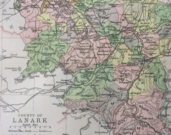 1902 County of Lanark Small Original Antique Map - Scotland - Scottish History - Wall Decor - Scottish County - Available Framed