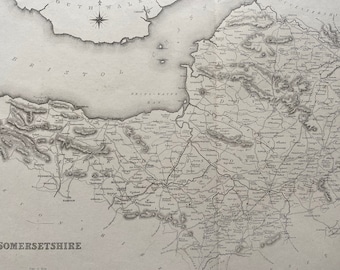 1845 Somersetshire Original Antique Engraved Map - UK County Map - Decorative Art - Cartography - Wall Decor