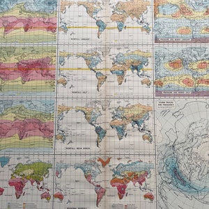 Climat de 1922 - Météorologie Grande carte du monde politique originale de l'Atlas de l'époque antique originale montrant la température, les précipitations, les trajectoires des tempêtes et les vents