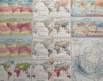 1922 Climate - Meteorology Large Original Antique Times Atlas Political World Map showing temperature, rainfall, storm tracks and winds