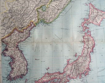 1903 The Japanese Empire including Korea & Sakhalin Large Original Antique Map, 15.5 x 20.5 inches, Harmsworth map