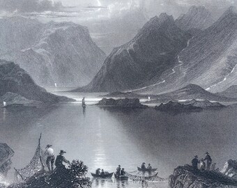 1840 Head of the Killeries, Connemara Original Antique Engraving - Landscape Scenery - Ireland - Mounted and Matted - Available Framed