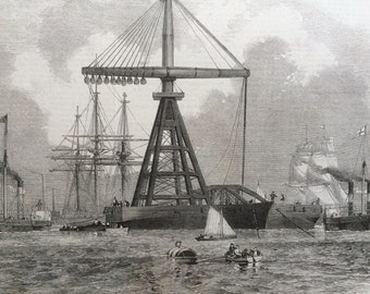 1858 The new floating Derrick, original print from engraving, illustrated times, Pulley, Engineering, Crane, Victorian Decor