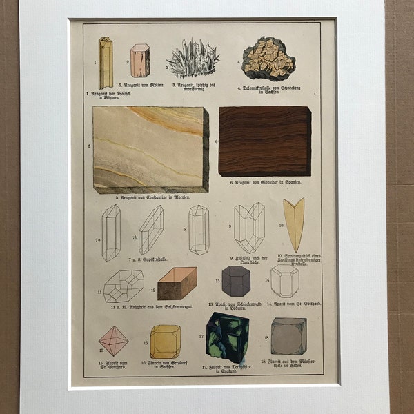 1895 Large Original Antique Mineral Lithograph - Rocks - Crystals - Geology - Crystallography - Mineralogy - Available Framed