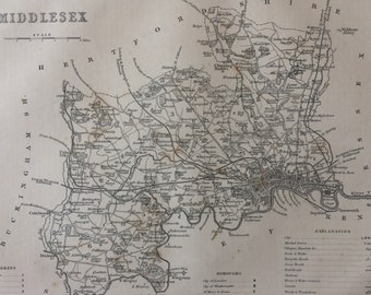 1848 Middlesex Original Antique Engraved Map - UK County Map - Decorative Art - Cartography - Wall Decor - England