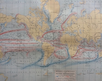 1897 Ocean Currents Original Antique World Map - Available Framed - Oceanography - Cartography - Vintage Map