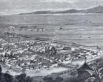 1880 Birds-Eye View of Manilla, Luzon, Philippine Islands Original Antique Print - Southeast Asia - Mounted and Matted - Available Framed
