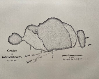 1883 Crater of Mokuaweoweo, June 10th 1874 Original Antique Print - Hawaii - Geological Survey - Mounted and Matted - Available Framed