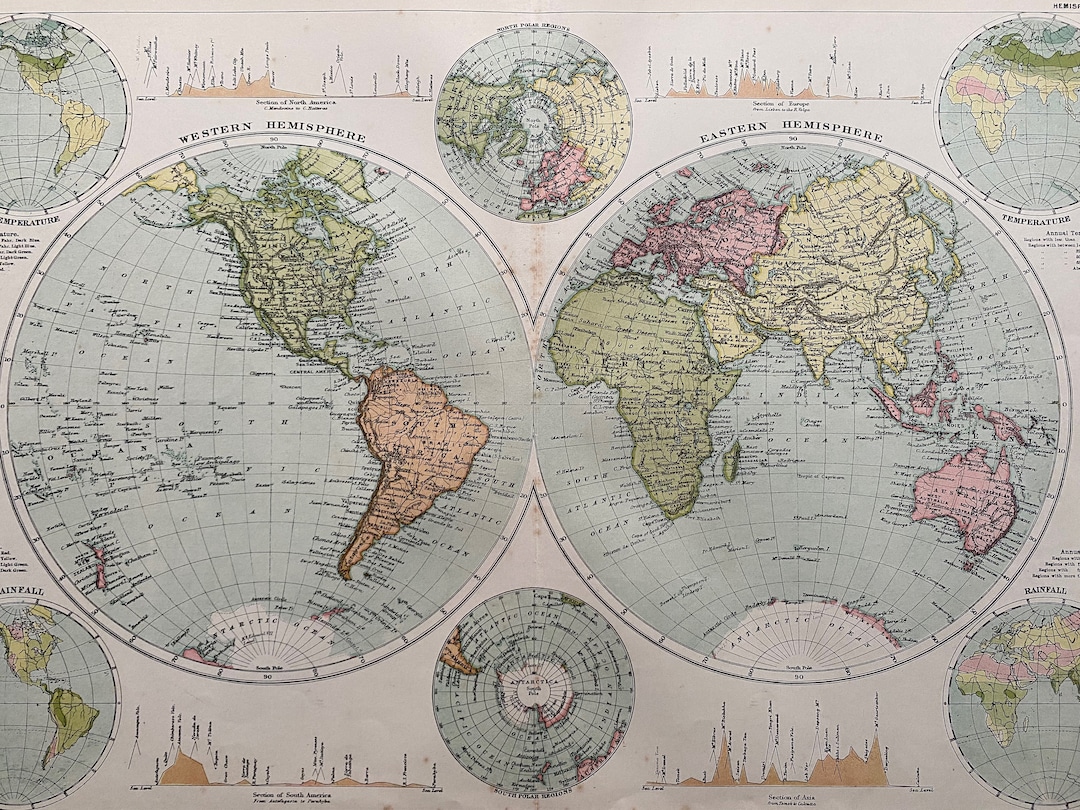 1898 World in Hemispheres Original Antique Map - Large Wall Map With ...