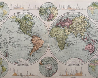 1898 World in Hemispheres Original Antique Map - Large Wall Map with small meteorology maps and maps of Polar Regions