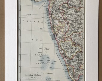 1901 Southwest India Original Antique Map - Bombay, Mysore, Madras - Mounted and Matted - Available Framed