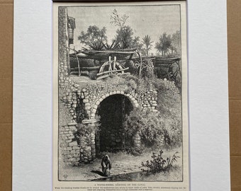 1880 A Water-Wheel (Sakiyeh) on the Canal Original Antique Engraving - Egypt - Mounted and Matted - Available Framed