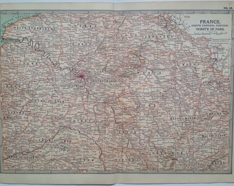 1903 North Central France and the Vicinity of Paris Original Large Antique Map - Wall Map - Home Decor - Cartography - 11 x 16 Inches