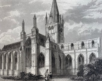 1838 Oxford Cathedral - Northwest View Original Antique Engraving - Architecture - Mounted and Matted - Available Framed