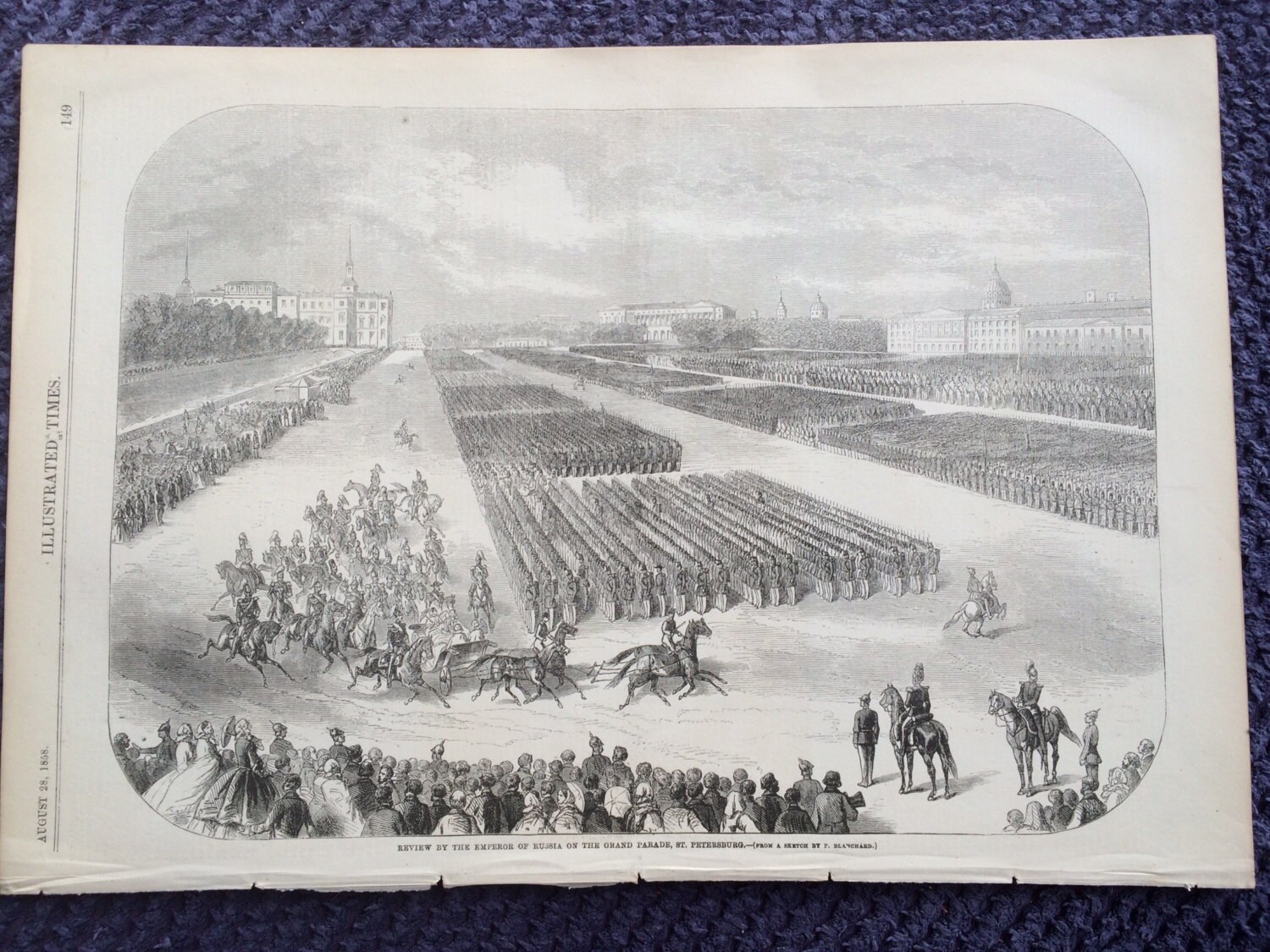 1858 The Grand Parade, St Petersburg, Russia Original Antique Engraving