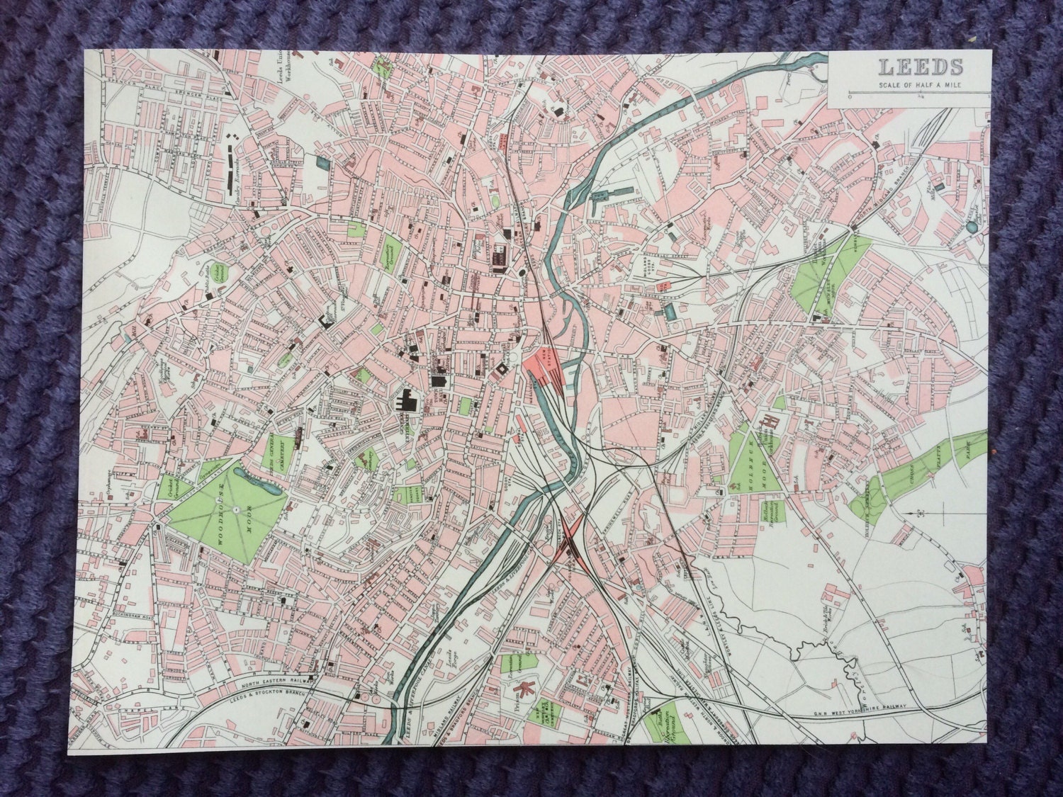 1903 LEEDS original antique map, city plan, cartography, geography