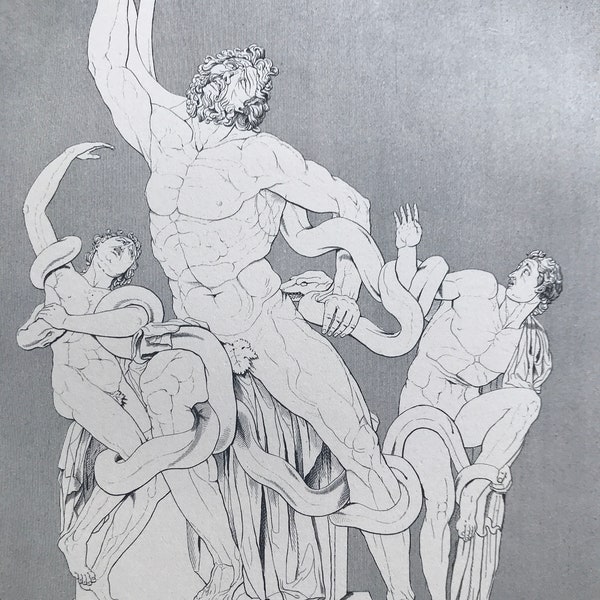 1875 Laocoon Original Antique Matted Engraving - Greek Roman Mythology - Rhodes - Sculpture - Vatican - Matted & Available Framed