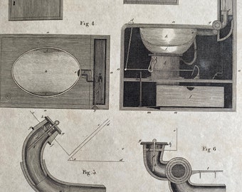 1806 Water Closet Original Antique Engraving - Toilet Diagram - Encyclopaedia - Mounted and Matted - Available Framed