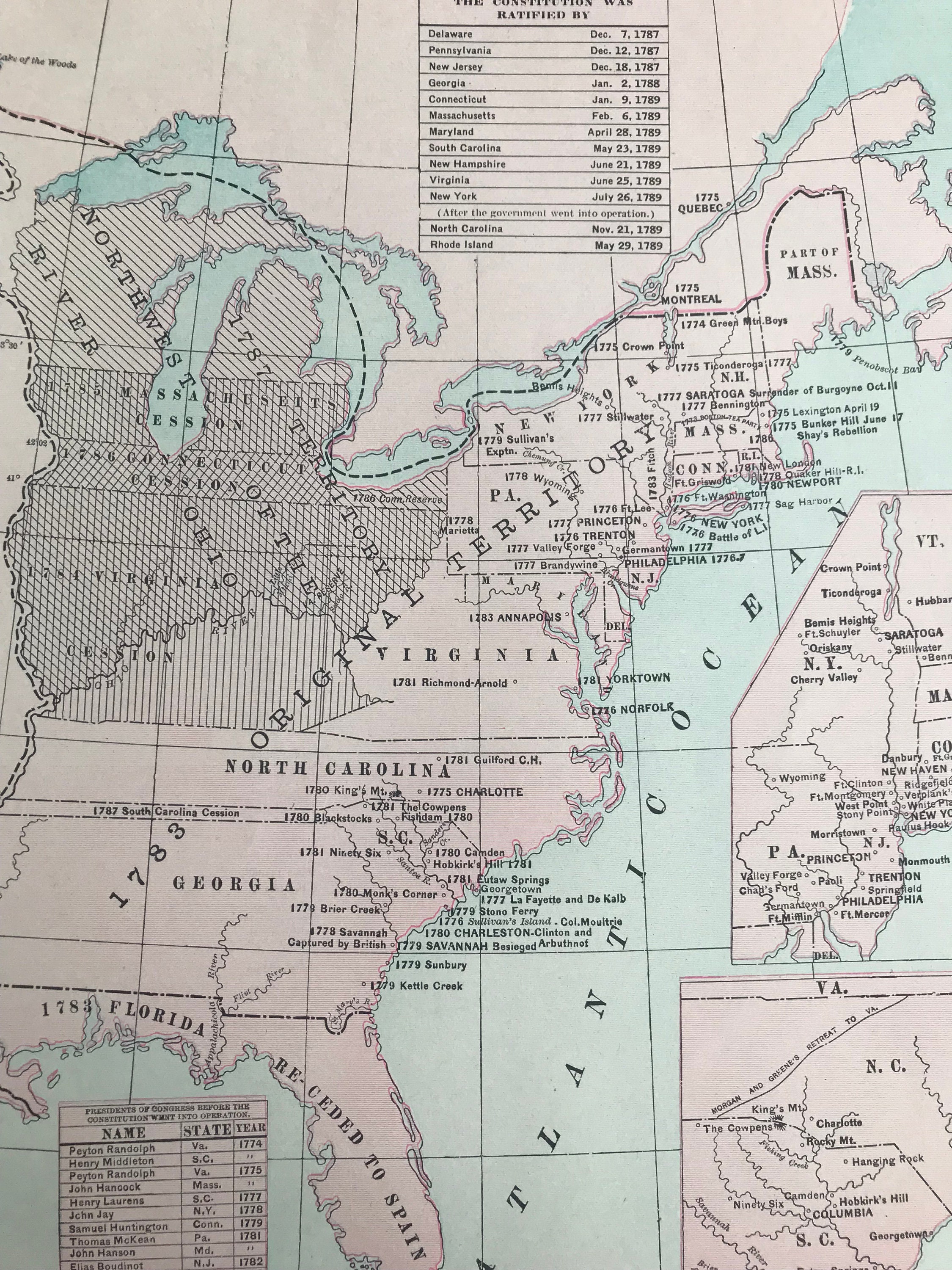 1936 USA History Original Vintage Map showing dates of constitution  ratification and Presidents of Congress - Mounted and Matted - Politics