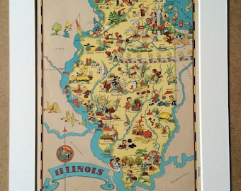 1935 Illinois Original Vintage Cartoon Map - Ruth Taylor - Mounted and Matted - Whimsical Map - United States