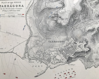 1875 Plan of the Siege of Tarragona, 1811 Original Antique Map - French Army of Aragon - Battle Map - Military History - Available Framed