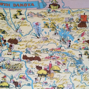 1935 Mapa de dibujos animados vintage original de Dakota del Norte - Ruth Taylor - Montado y mate - Mapa caprichoso - Estados Unidos