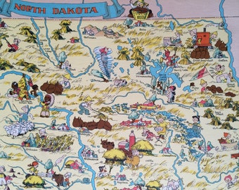 1935 North Dakota Original Vintage Cartoon Map - Ruth Taylor - Mounted and Matted - Whimsical Map - United States