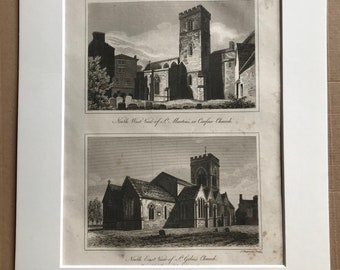 1821 Oxford - St Martins or Carfax Church and St Giles' Church Original Antique Copperplate Engraving - Available Matted and Framed