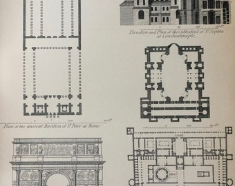 1891 Basilica & Byzantine Architecture Original Antique Engraving - Encyclopaedia Engraved Illustration - Constantinople - Rome - Spalatro